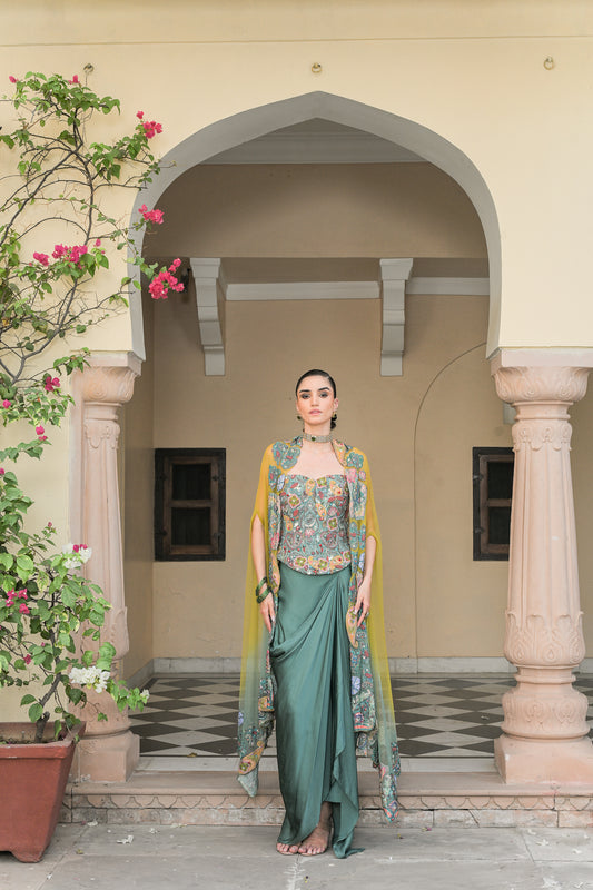IRIS MIST EMBROIDERED CORSET SKIRT DHOTI SET WITH DUAL APPLIQUE HIGHLIGHT CAPE SET