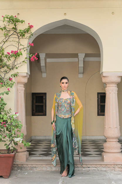 IRIS MIST EMBROIDERED CORSET SKIRT DHOTI SET WITH DUAL APPLIQUE HIGHLIGHT CAPE SET