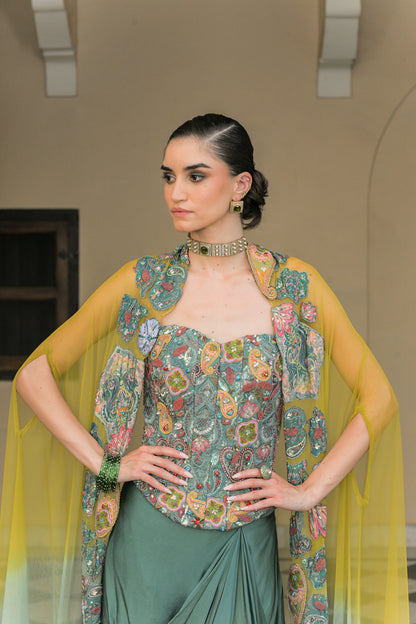 IRIS MIST EMBROIDERED CORSET SKIRT DHOTI SET WITH DUAL APPLIQUE HIGHLIGHT CAPE SET