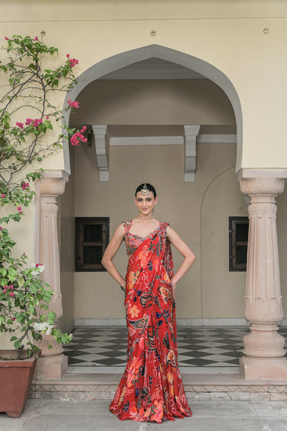 SCARLET HIGHLIGHT PALLA PRESTITCHED SAREE PAIRED WITH HIGHLIGHT BLOUSE