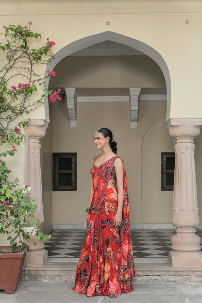 SCARLET HIGHLIGHT PALLA PRESTITCHED SAREE PAIRED WITH HIGHLIGHT BLOUSE
