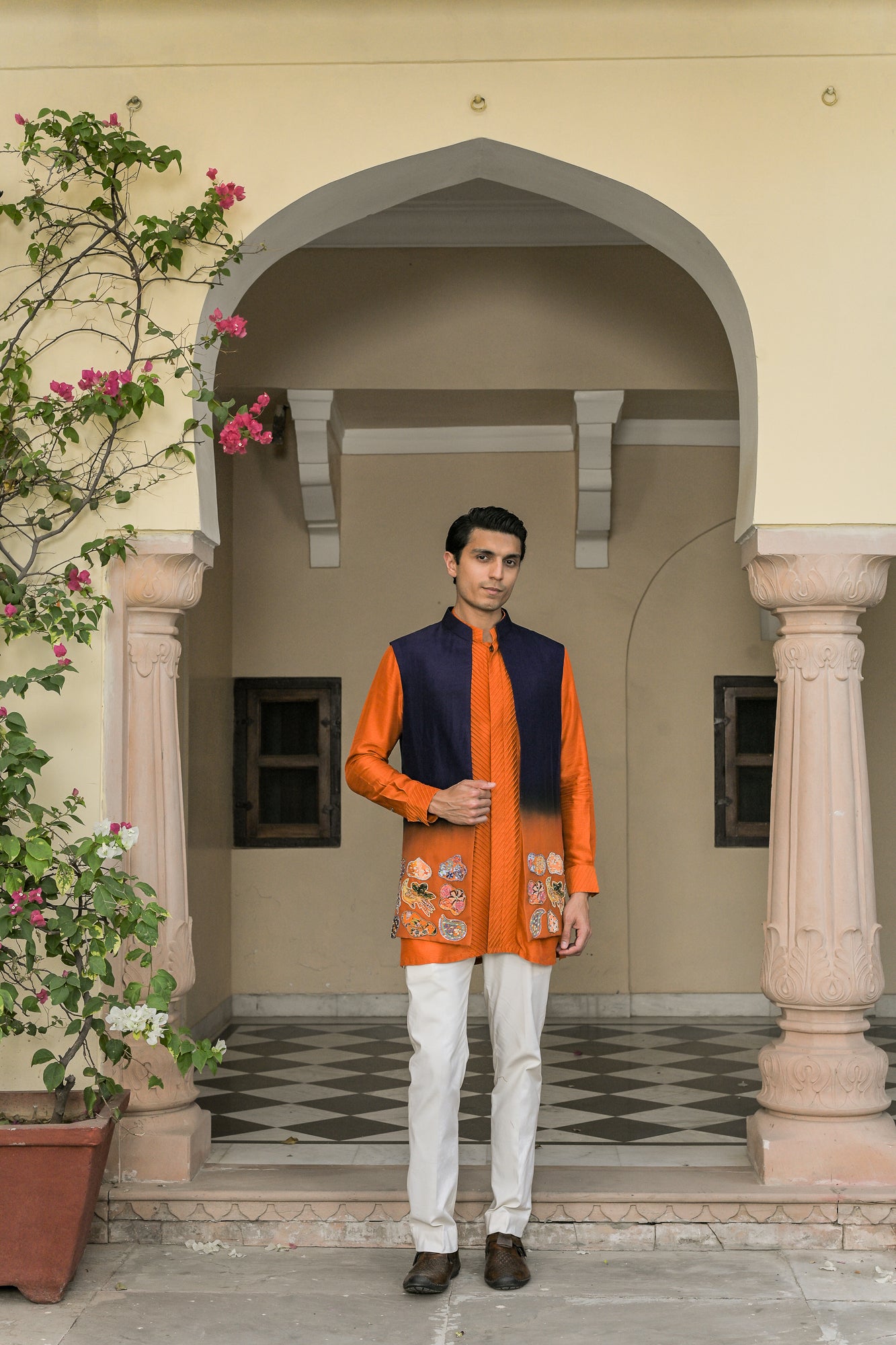 SHADED APPLIQUE HALF JACKET PAIRED WITH. PIN TUCK KURTA PANT SET