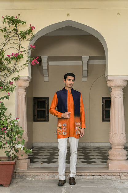SHADED APPLIQUE HALF JACKET PAIRED WITH. PIN TUCK KURTA PANT SET
