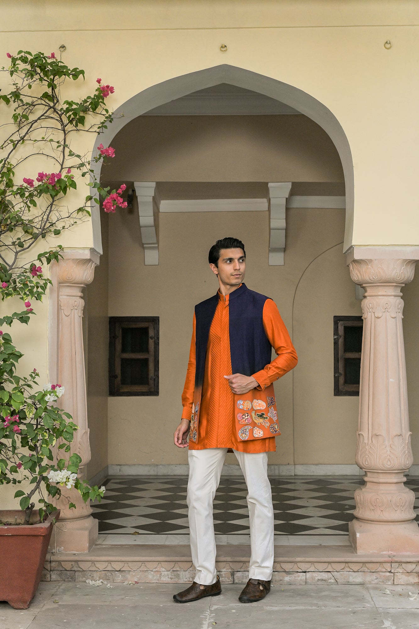 SHADED APPLIQUE HALF JACKET PAIRED WITH. PIN TUCK KURTA PANT SET