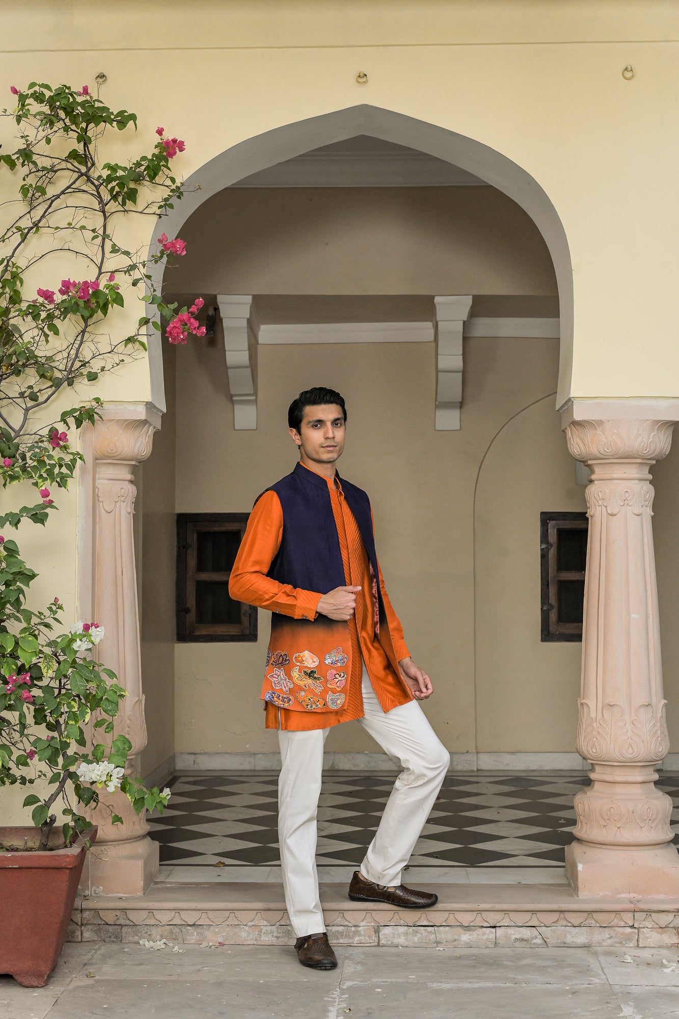 SHADED APPLIQUE HALF JACKET PAIRED WITH. PIN TUCK KURTA PANT SET