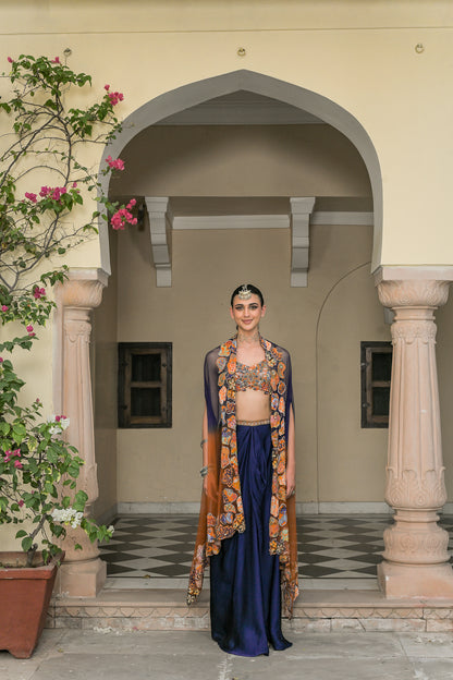 AMBER BLOOM EMBROIDERED BRALETTE PAIRED WITH SATIN COWL SET AND SHADED APPLIQUE CAPE SET