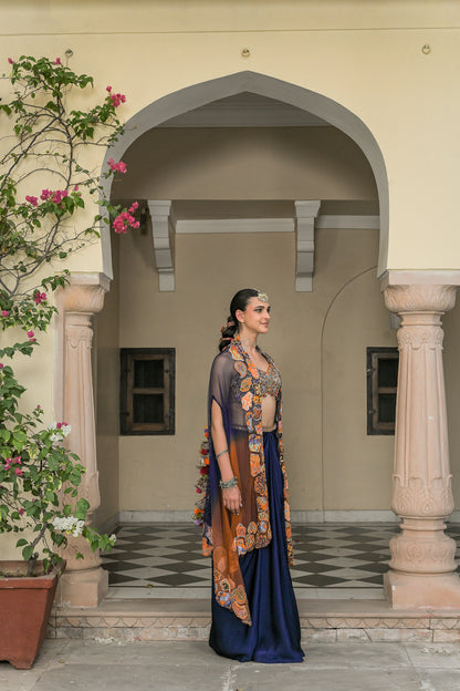 AMBER BLOOM EMBROIDERED BRALETTE PAIRED WITH SATIN COWL SET AND SHADED APPLIQUE CAPE SET