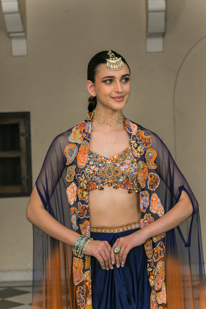 AMBER BLOOM EMBROIDERED BRALETTE PAIRED WITH SATIN COWL SET AND SHADED APPLIQUE CAPE SET