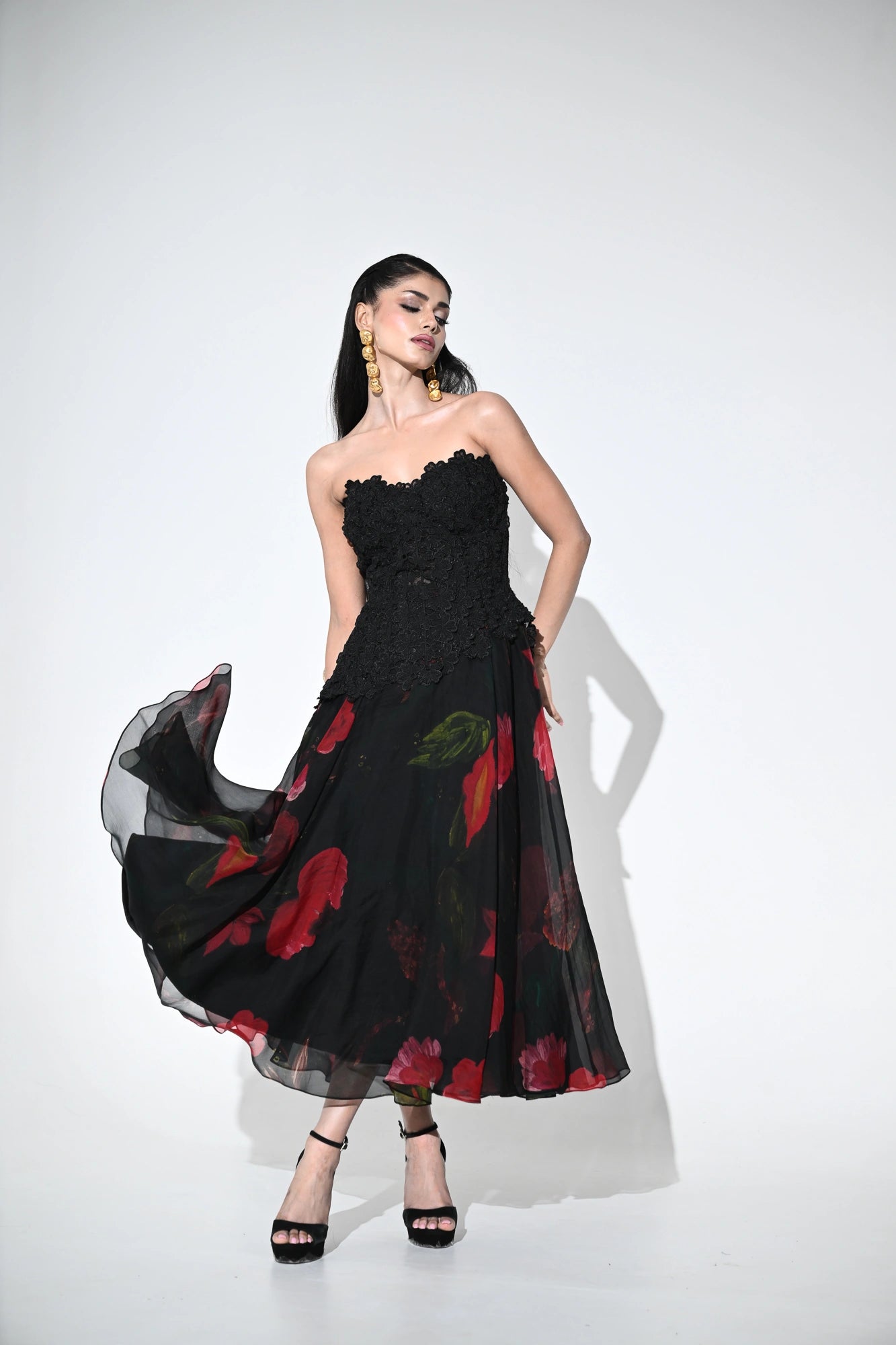 EBONY LACED CORSET MIDI DRESS