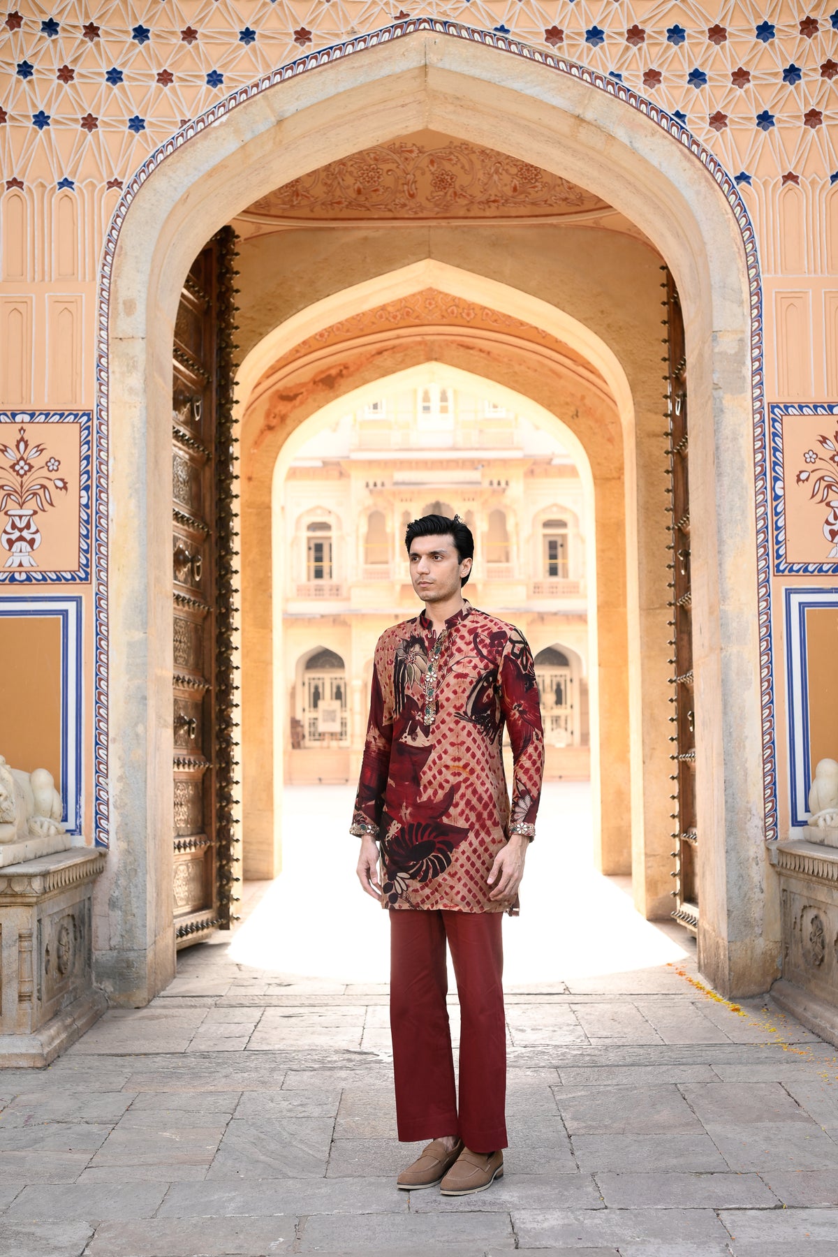 ORGNAZA KURTA WITH WORK ON PURTIN & CUFF WITH MAROON FLAIR PANT