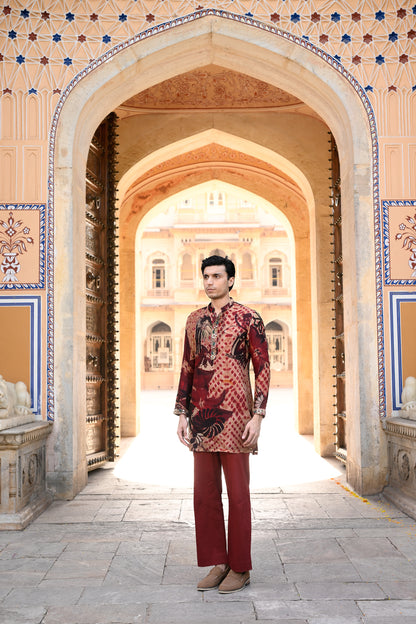 ORGNAZA KURTA WITH WORK ON PURTIN & CUFF WITH MAROON FLAIR PANT