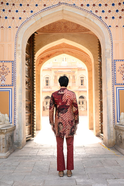 ORGNAZA KURTA WITH WORK ON PURTIN & CUFF WITH MAROON FLAIR PANT