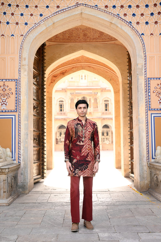ORGNAZA KURTA WITH WORK ON PURTIN & CUFF WITH MAROON FLAIR PANT