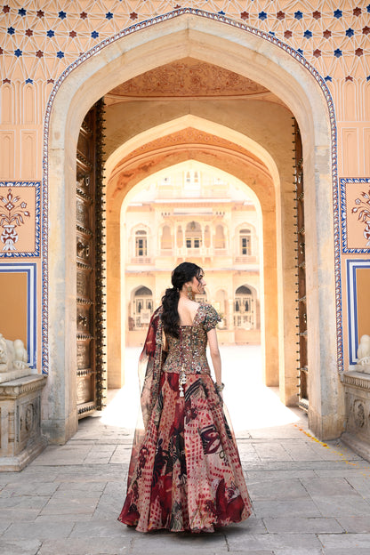 PRINTED ORGANZA LEHENGA + EMB CORSET WITH DUPATTA