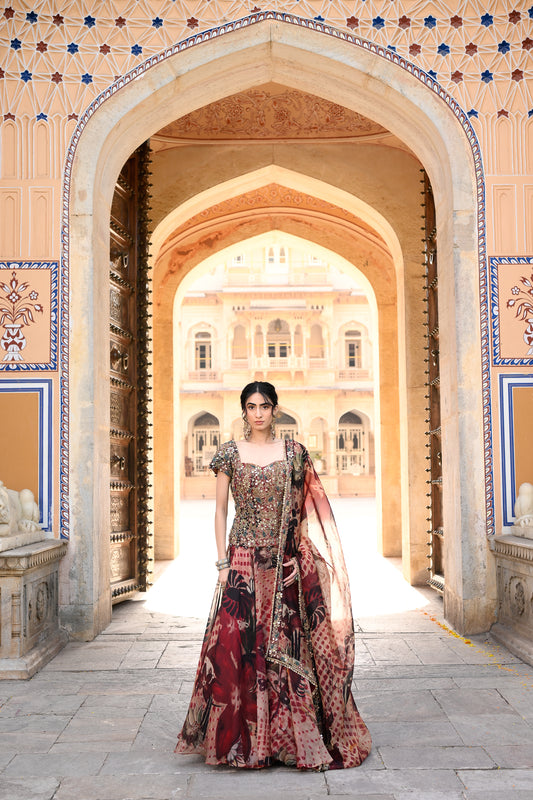 PRINTED ORGANZA LEHENGA + EMB CORSET WITH DUPATTA