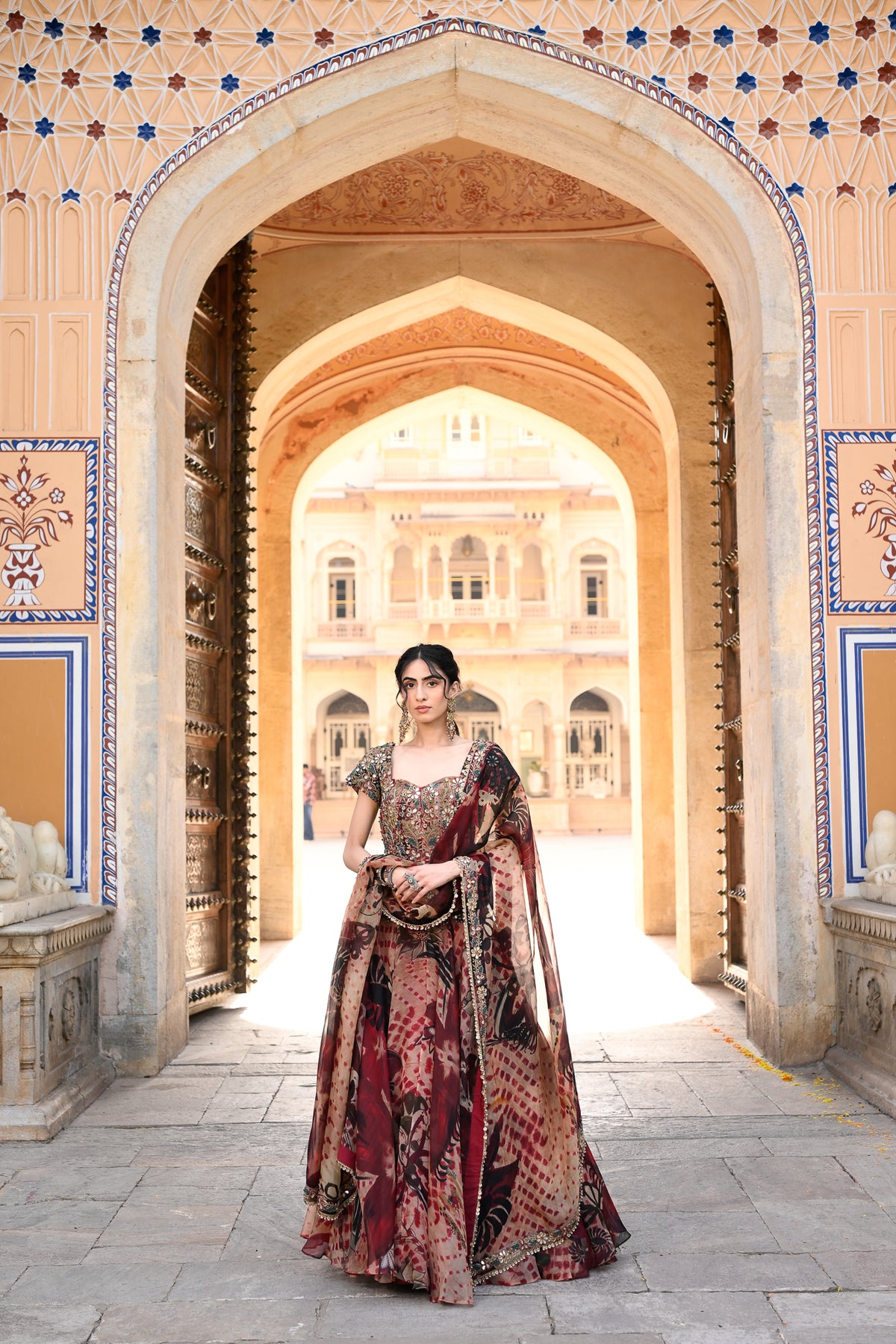 PRINTED ORGANZA LEHENGA + EMB CORSET WITH DUPATTA