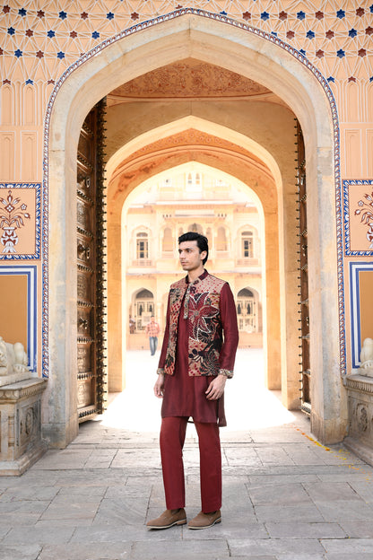ORGANZA HIGHLIGHTED BUNDI WITH PLAIN MAROON KURTA WITH PURTIN & CUFF EMB BORDER AND FLAIR MAROON PANT