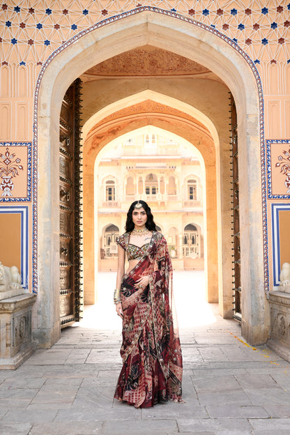 PRISTICHED ORGANZA SAREE WITH HIGHLIGHTED OPEN PALLA+ EMB BLOUSE