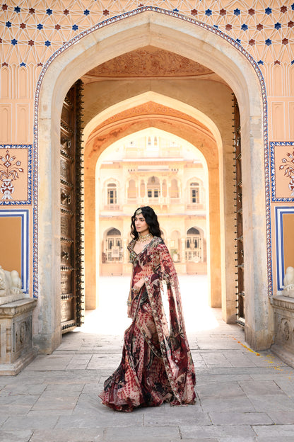PRISTICHED ORGANZA SAREE WITH HIGHLIGHTED OPEN PALLA+ EMB BLOUSE