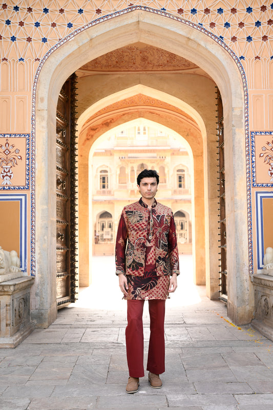 MARRON HIGHLIGHTED BUNDI WITH ORGANZA PRINTED KURTA PURTIN & CUFF EMB WITH MAROON FLAIR PANT