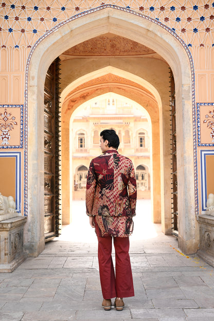 MARRON HIGHLIGHTED BUNDI WITH ORGANZA PRINTED KURTA PURTIN & CUFF EMB WITH MAROON FLAIR PANT