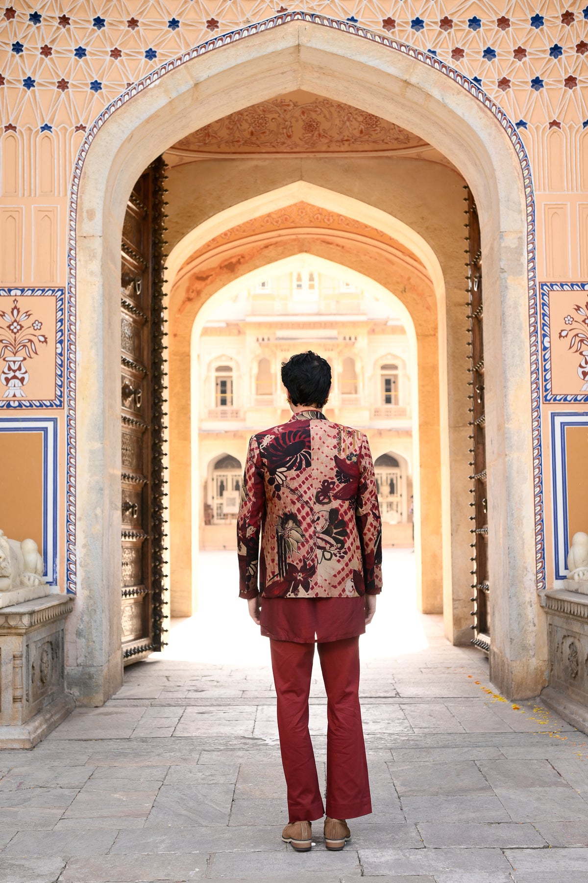 ORGANZA ACHKAN WITH BORDER AND PLAIN PINTUCK KURTA WITH MAROON FLAIR PANT