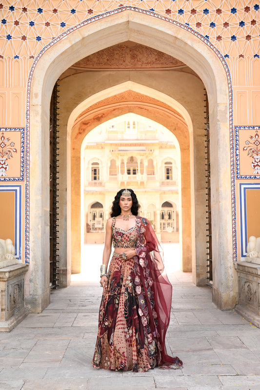 ORGNAZA LEHENGA HIGHLIGHTED WITH EMB BLOUSE & APLIQUE DUPATTA