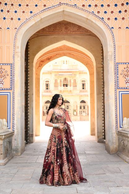 ORGNAZA LEHENGA HIGHLIGHTED WITH EMB BLOUSE & APLIQUE DUPATTA