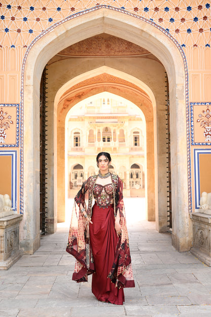 MAROON DHOTI SKIRT + BRALATTE EMB + CAPE