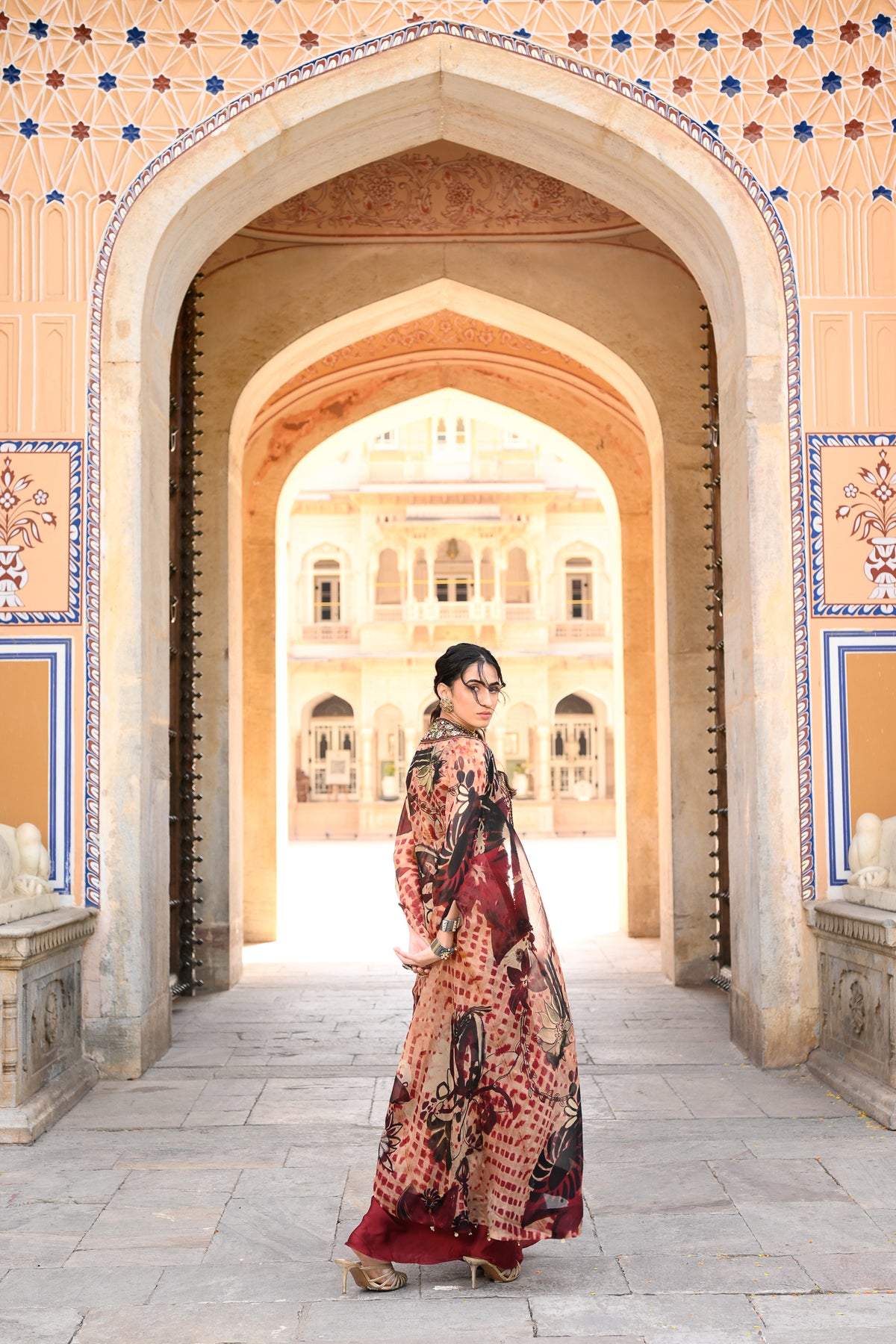 MAROON DHOTI SKIRT + BRALATTE EMB + CAPE