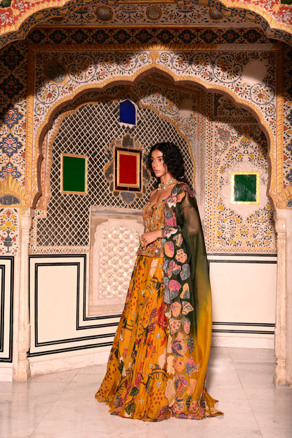 EMB CORSET WITH HIGHLIGHTED LEHENGA WITH APPLIQUE DUPATTA