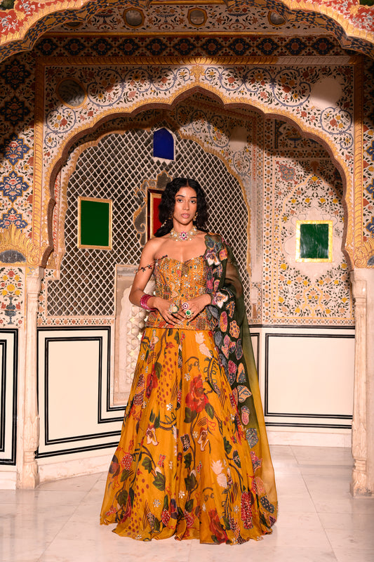 EMB CORSET WITH HIGHLIGHTED LEHENGA WITH APPLIQUE DUPATTA