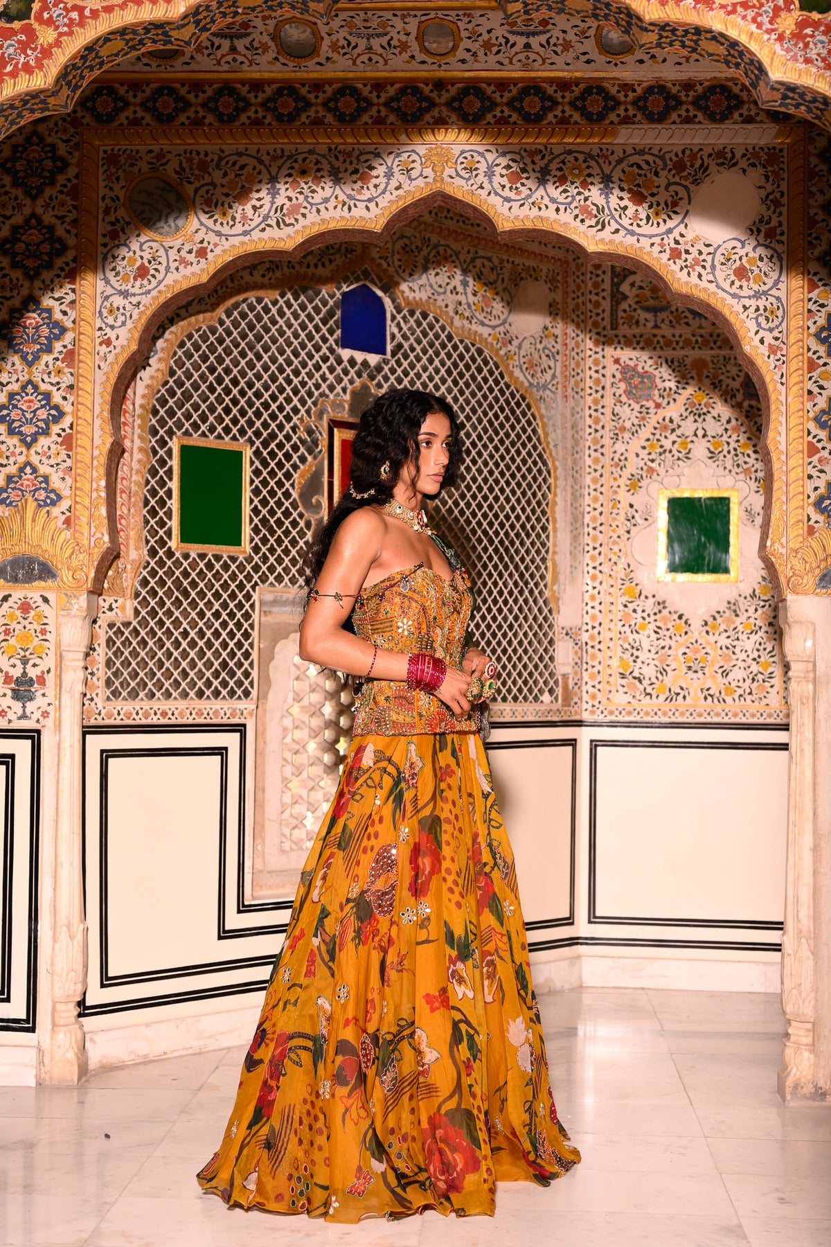 EMB CORSET WITH HIGHLIGHTED LEHENGA WITH APPLIQUE DUPATTA