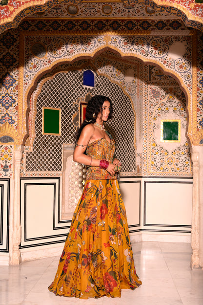 EMB CORSET WITH HIGHLIGHTED LEHENGA WITH APPLIQUE DUPATTA