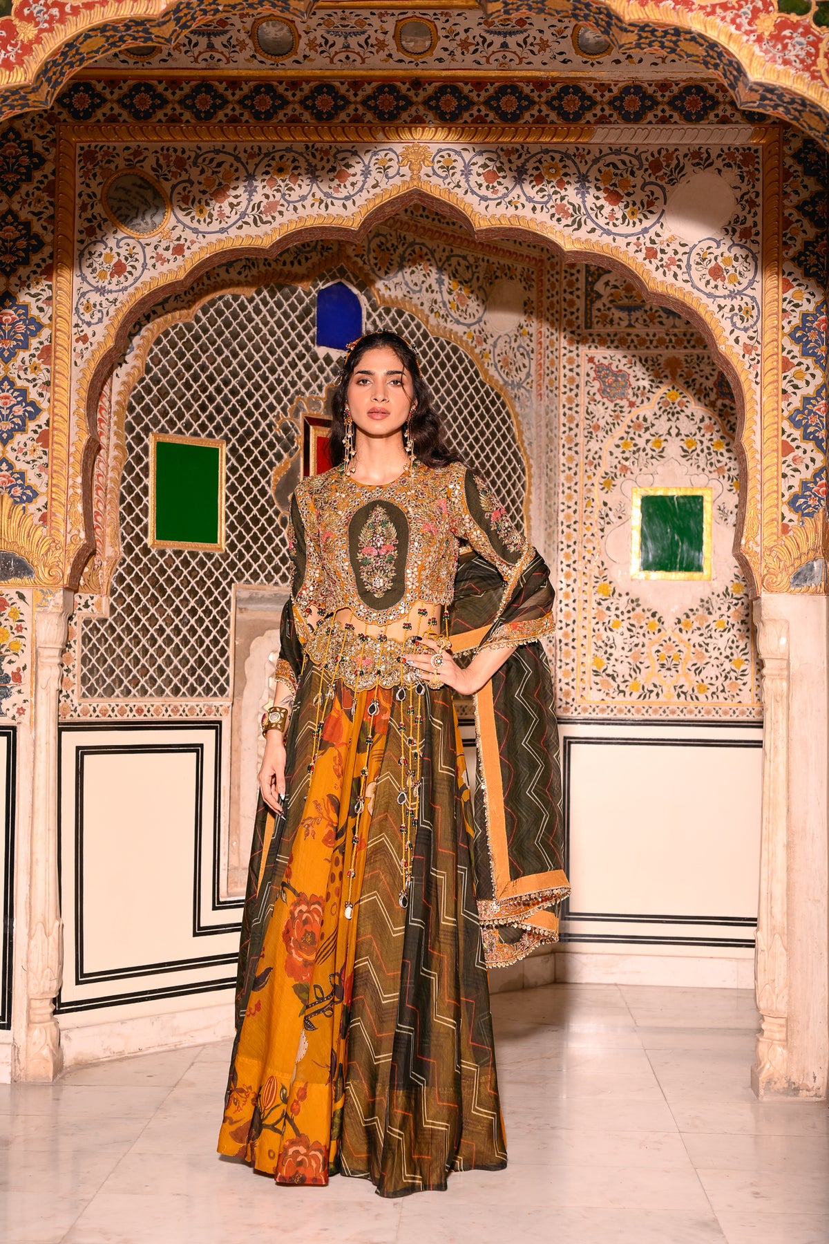EMB TASSLE BLOUSE WITH DUEL PRINT LEHENGA WITH DUPATTA WITH EMB BORDER