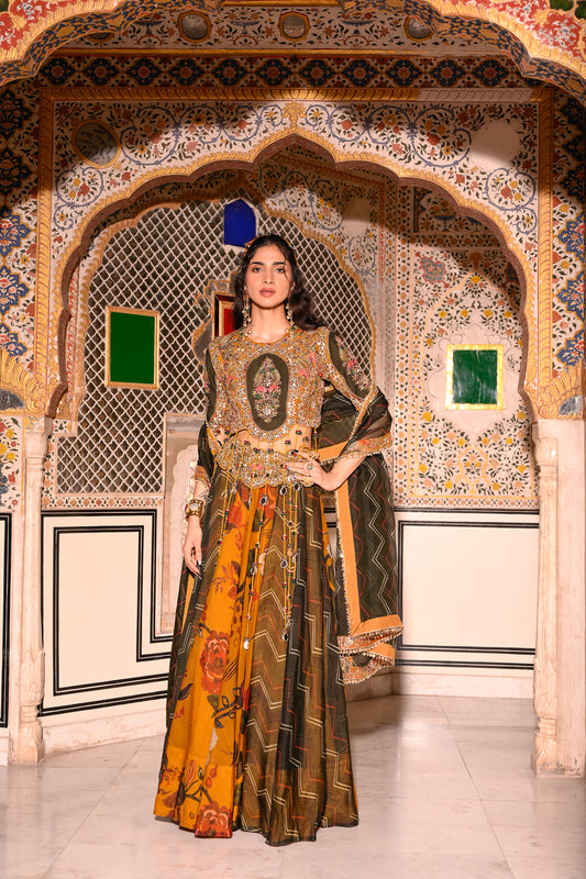 EMB TASSLE BLOUSE WITH DUEL PRINT LEHENGA WITH DUPATTA WITH EMB BORDER