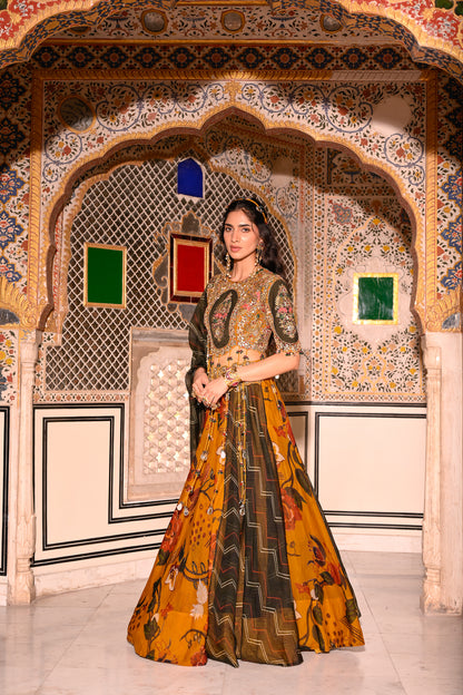 EMB TASSLE BLOUSE WITH DUEL PRINT LEHENGA WITH DUPATTA WITH EMB BORDER