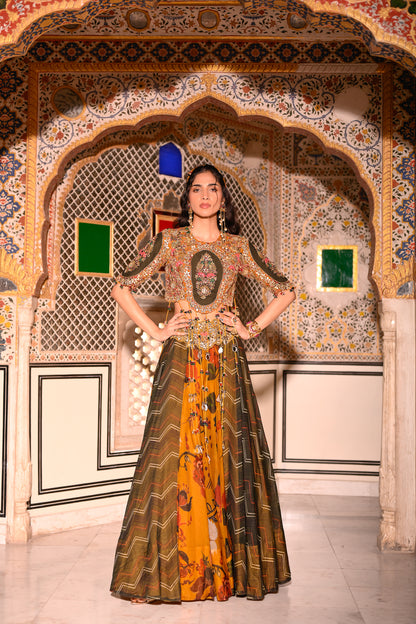 EMB TASSLE BLOUSE WITH DUEL PRINT LEHENGA