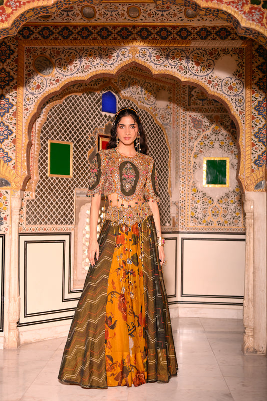 EMB TASSLE BLOUSE WITH DUEL PRINT LEHENGA