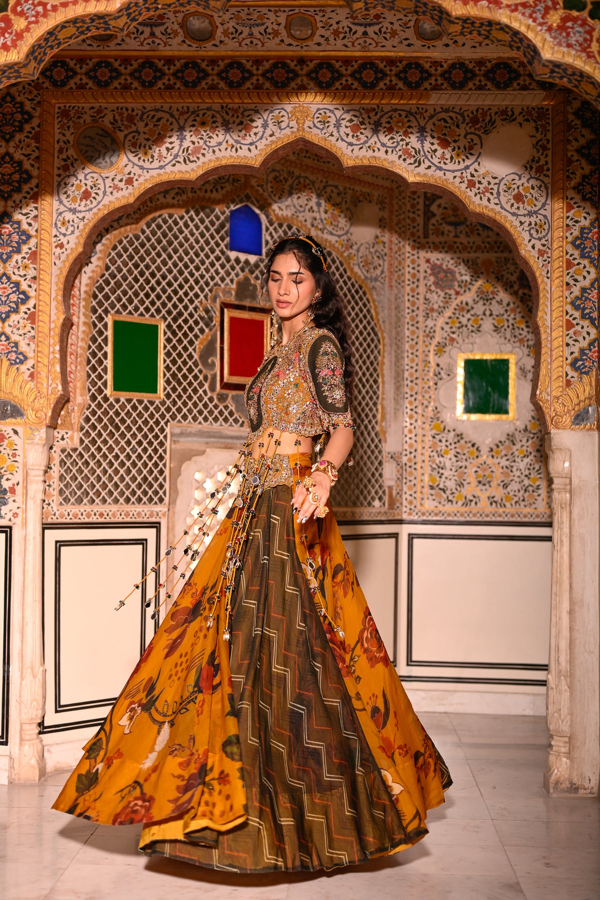 EMB TASSLE BLOUSE WITH DUEL PRINT LEHENGA