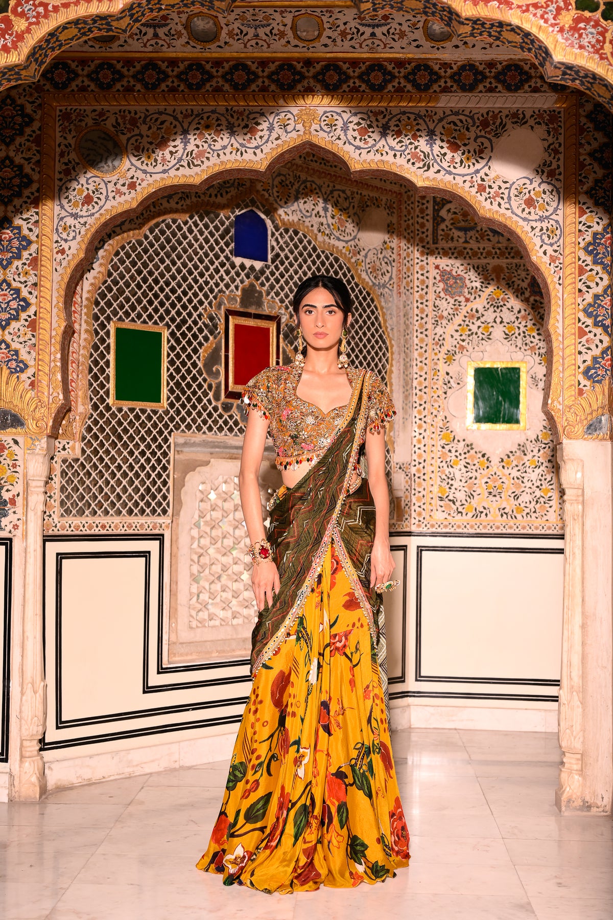 EMB BLOUSE PAIRED WITH DUEL PRINTED PRISTICHED SAREE