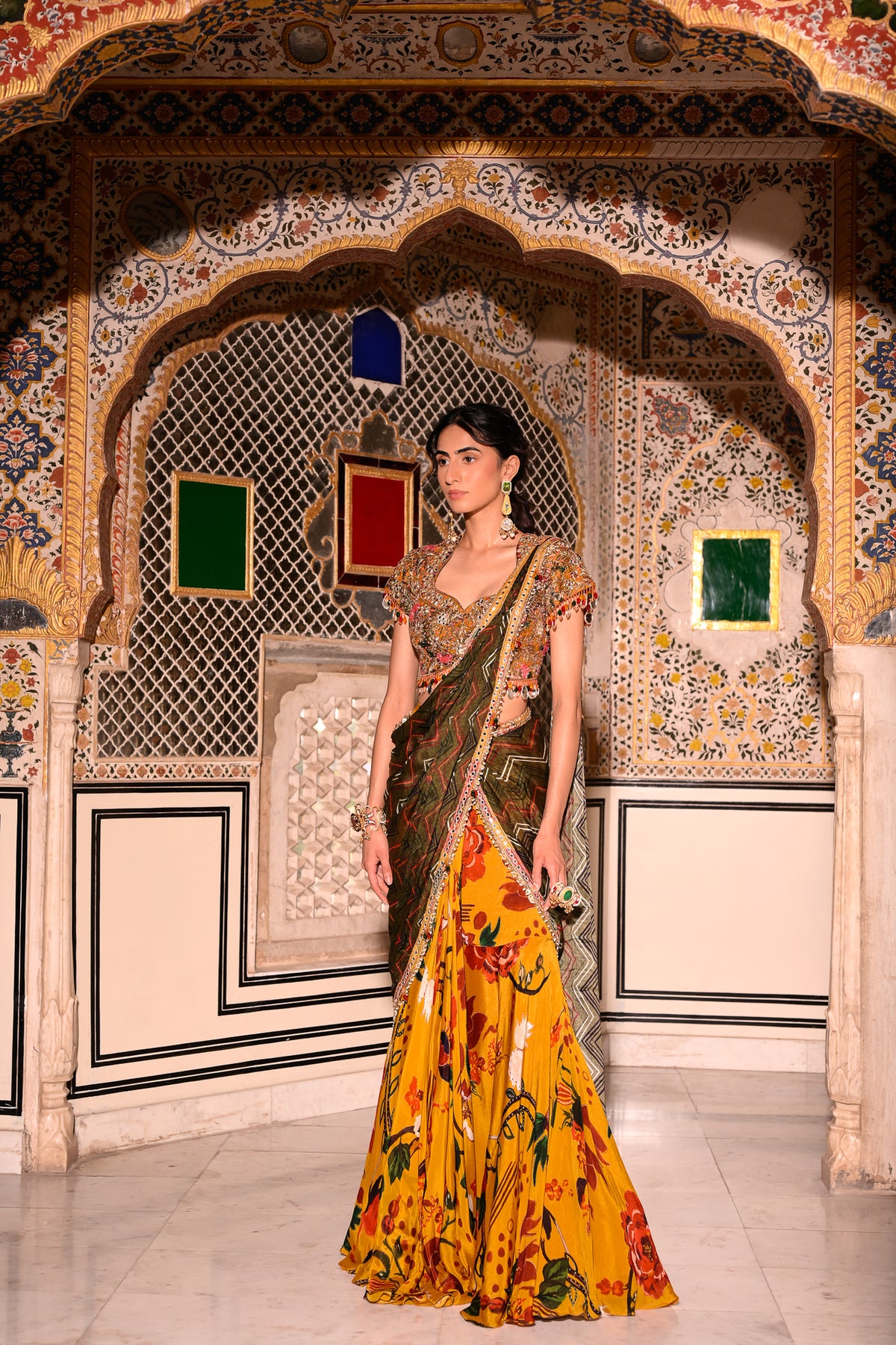 EMB BLOUSE PAIRED WITH DUEL PRINTED PRISTICHED SAREE