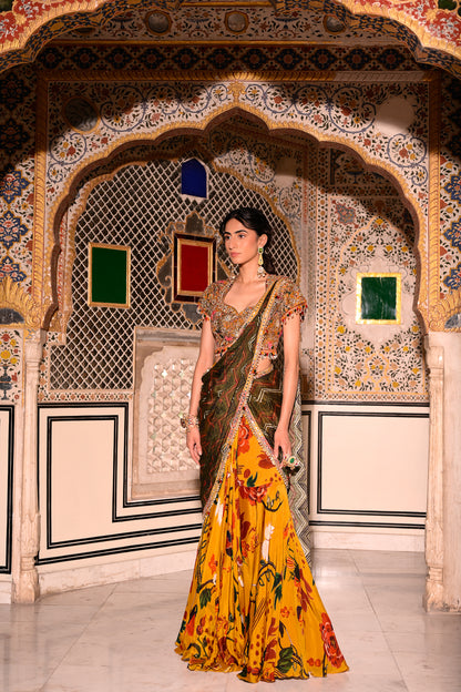 EMB BLOUSE PAIRED WITH DUEL PRINTED PRISTICHED SAREE