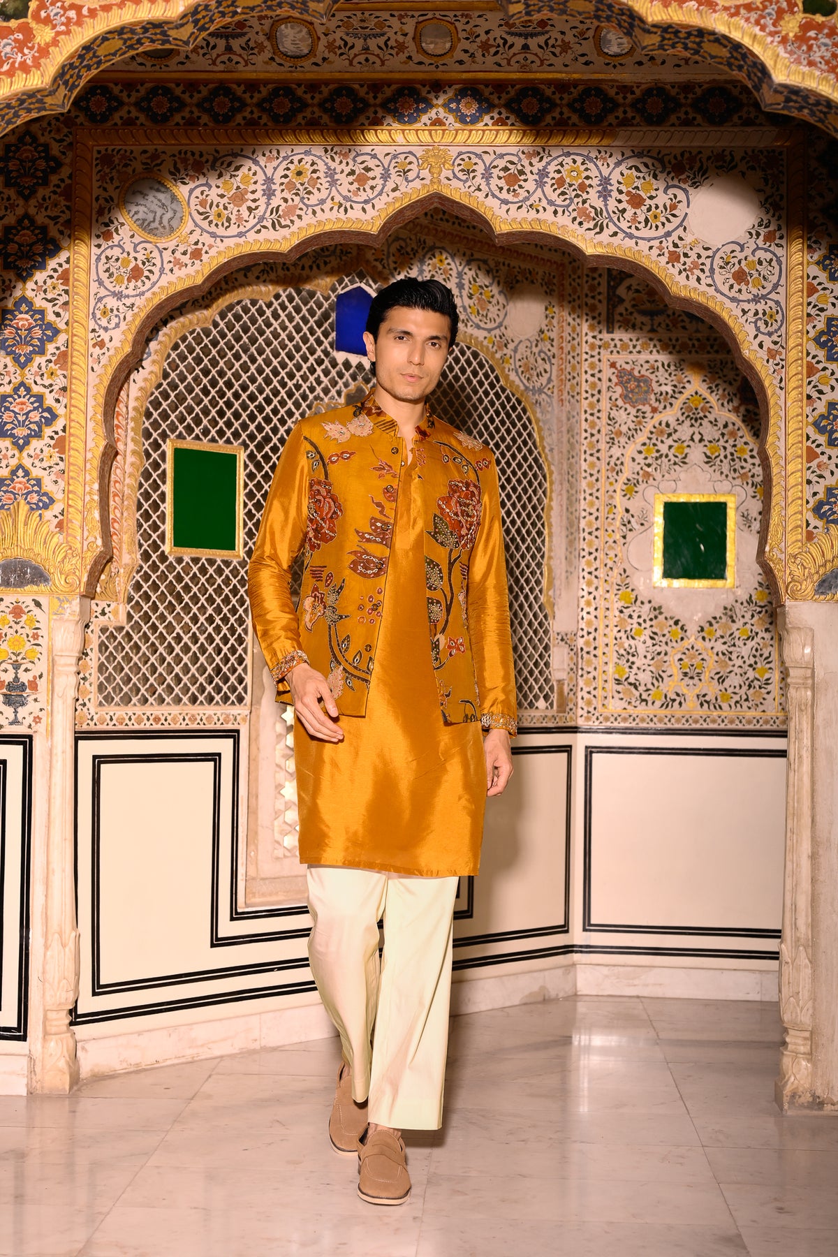 YELLOW HIGHLIGHTED BUNDI WITH YELLOW KURTA & BEIGE FLAIR PANT