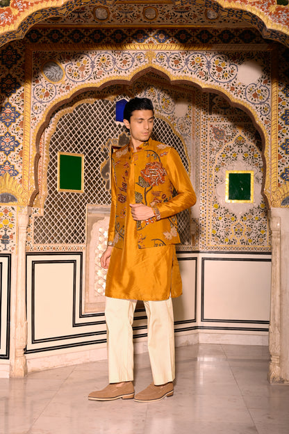 YELLOW HIGHLIGHTED BUNDI WITH YELLOW KURTA & BEIGE FLAIR PANT