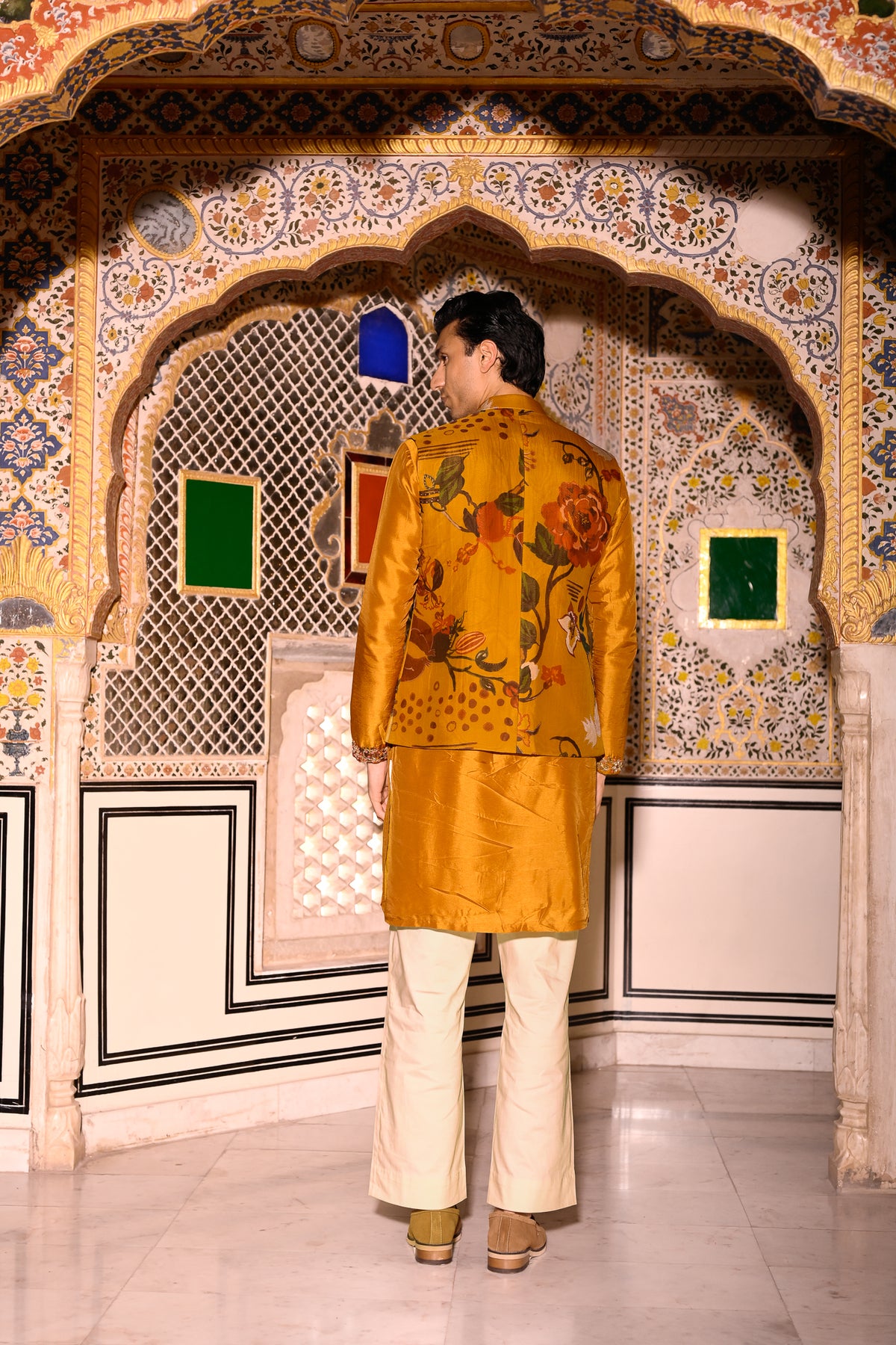 YELLOW HIGHLIGHTED BUNDI WITH YELLOW KURTA & BEIGE FLAIR PANT