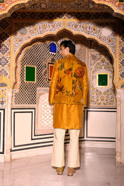 YELLOW HIGHLIGHTED BUNDI WITH YELLOW KURTA & BEIGE FLAIR PANT