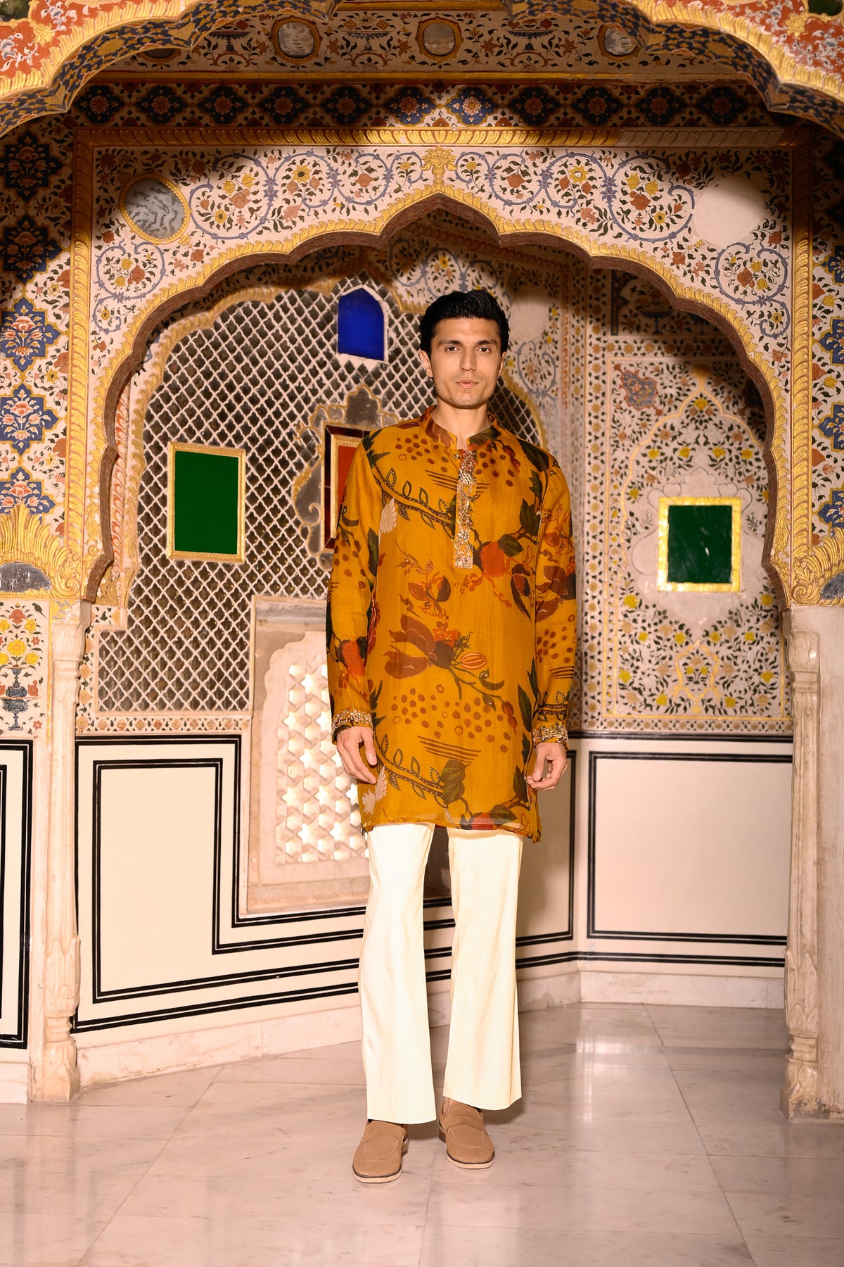 PRINTED ORGANZA KURTA WITH PURTIN & PURTIN WORK & BEIGE FLAIR PANT