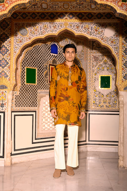 PRINTED ORGANZA KURTA WITH PURTIN & PURTIN WORK & BEIGE FLAIR PANT
