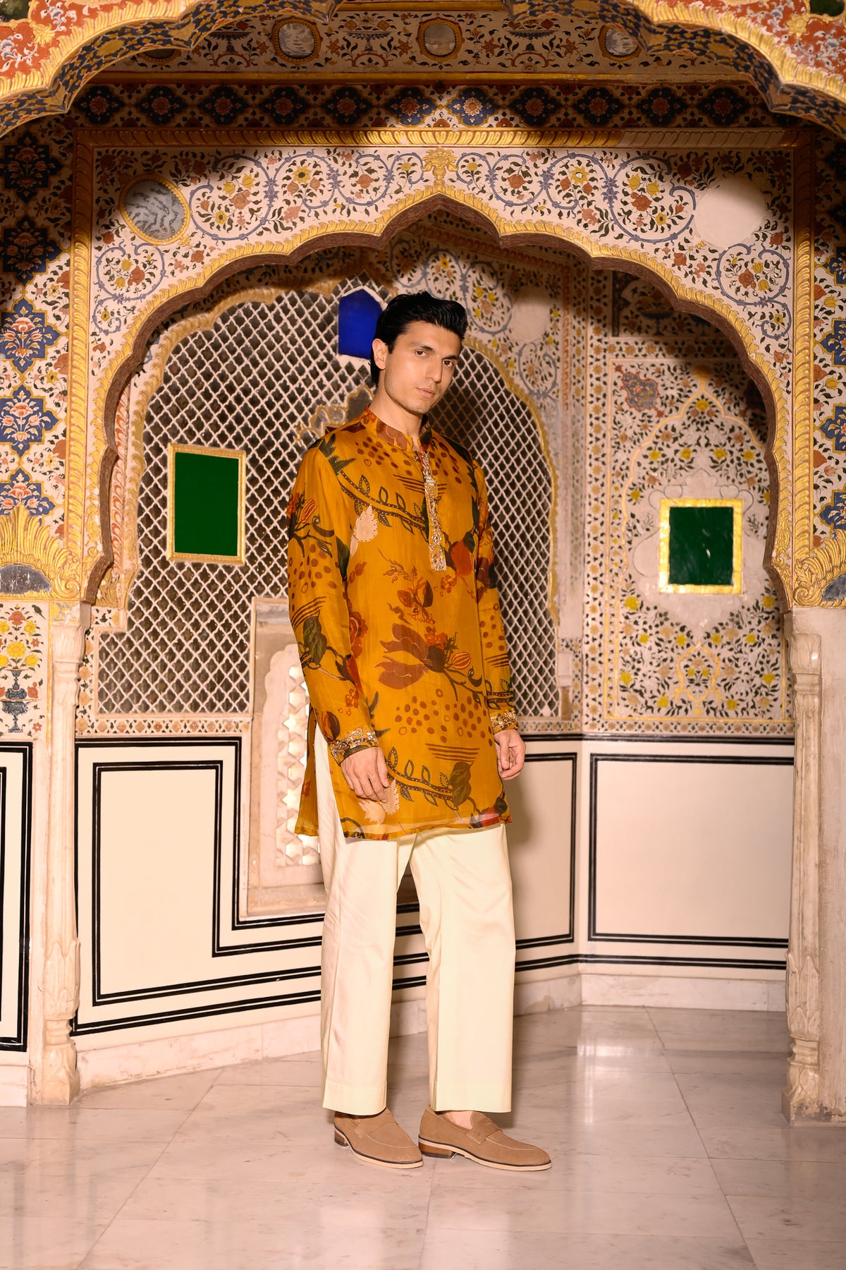 PRINTED ORGANZA KURTA WITH PURTIN & PURTIN WORK & BEIGE FLAIR PANT